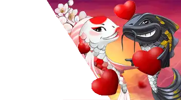 Two koi fish with red hearts, representing cryptocurrency deposit bonuses at Риобет Casino.