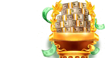 An image of a golden pedestal adorned with stacks of dollars, symbolizing cashback rewards at Риобет Casino.