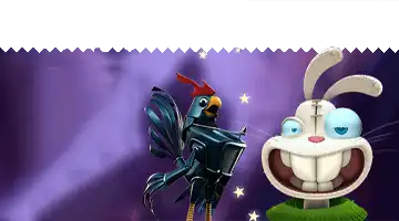 Characters of a mechanical rooster and a rabbit, symbolizing the welcome bonus for new players at Riobet Casino.